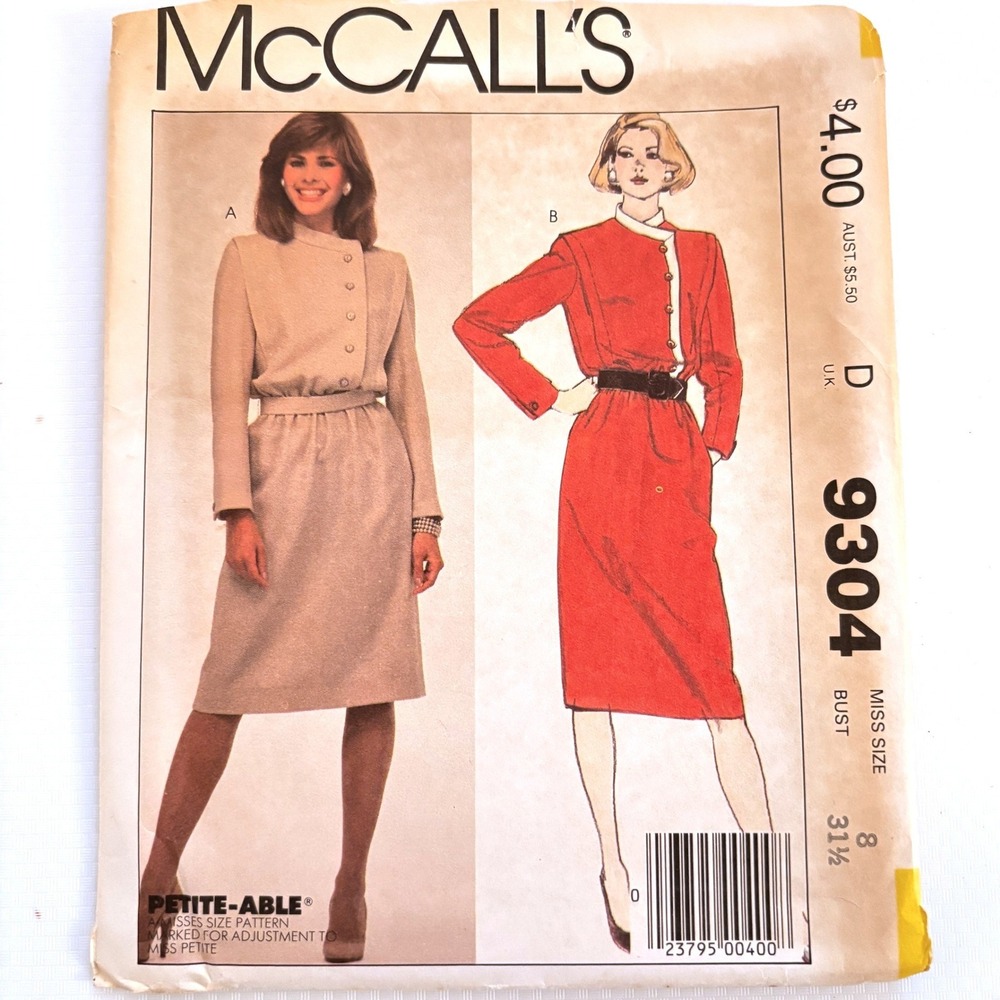 McCalls 9304 RARE 80s Retro Asymmetric Button Front Dress Sz 8 Quiet Luxury UC